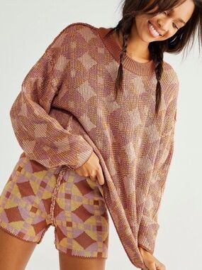 Free People Beach Brown Oversized Malibu Pattern Geometric Sweater/Shorts Set XL